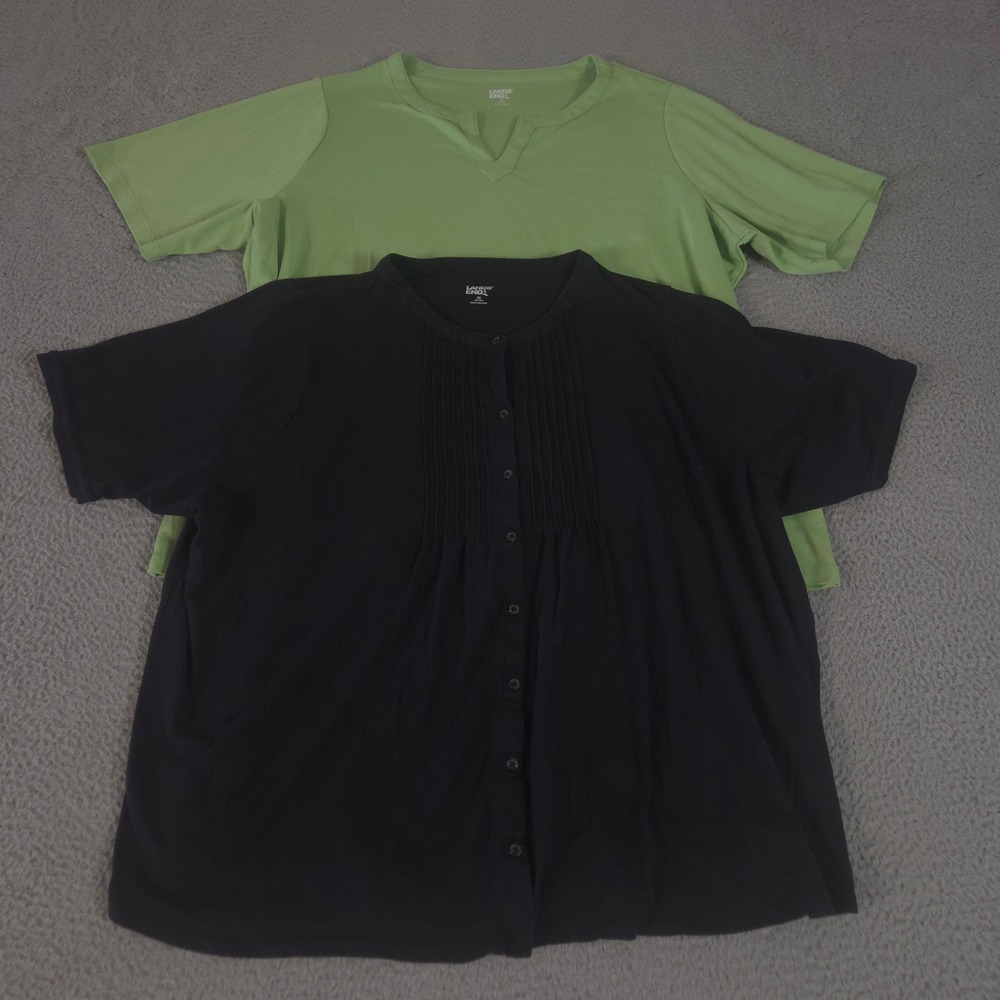 LOT OF 2 Lands' End Top Womens 3X Multi Cotton Blend Pintuck Button Up Splitneck